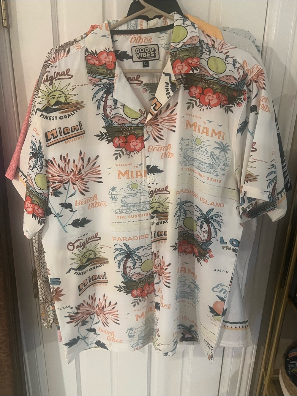 Good Vibes Miami Print Short Sleeve Button-Down Shirt - White with Coral & Green